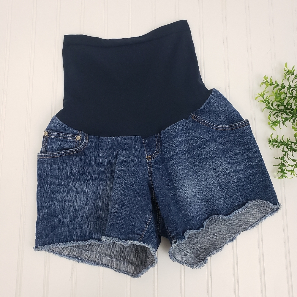 Indigo Blue Cut Off Denim Shorts Full Panel Shorts size Medium Over the Belly